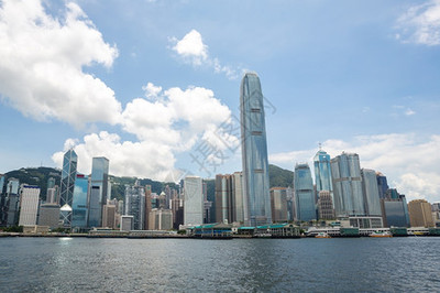 香港码头船只与城市风景在晴蓝天空下的魅力